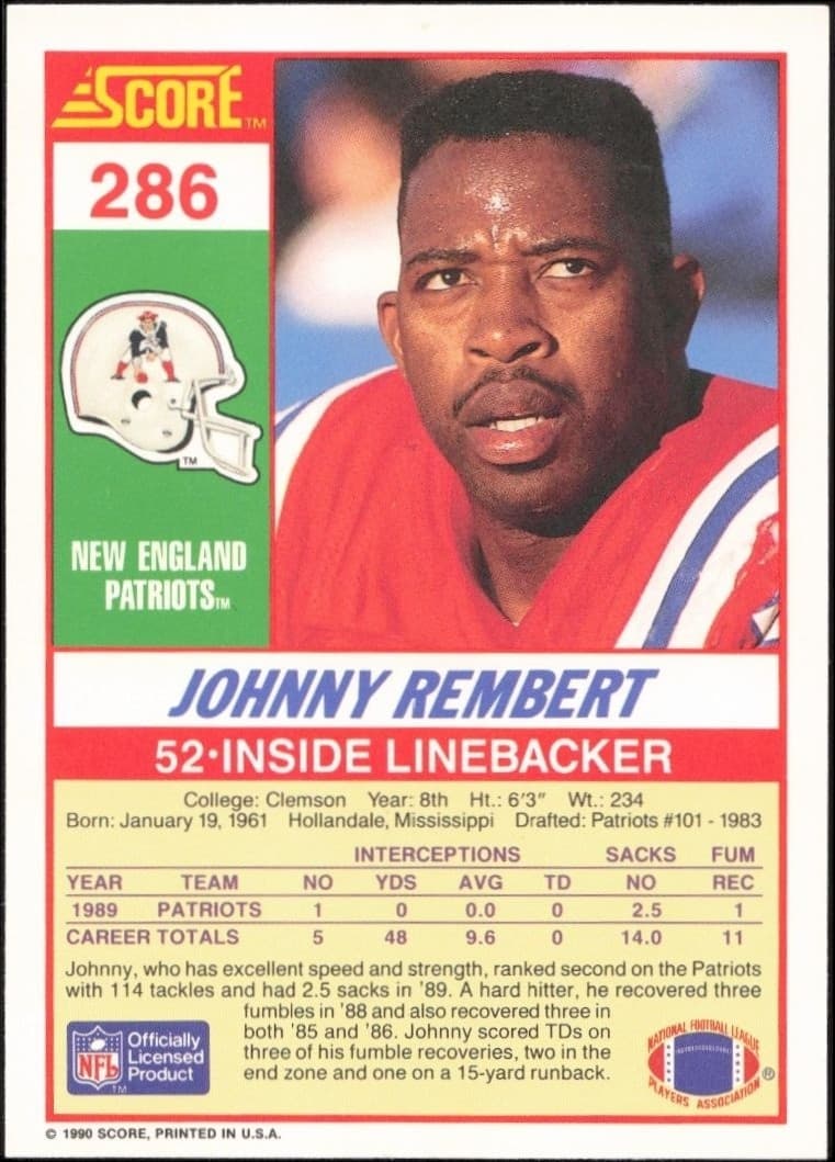 1990 Score Johnny Rembert #286 football trading card back