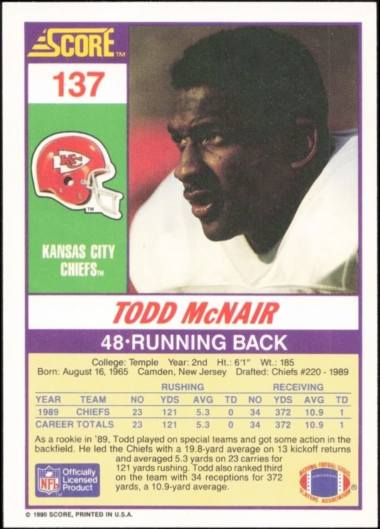 1990 Score Todd McNair #137 football trading card back