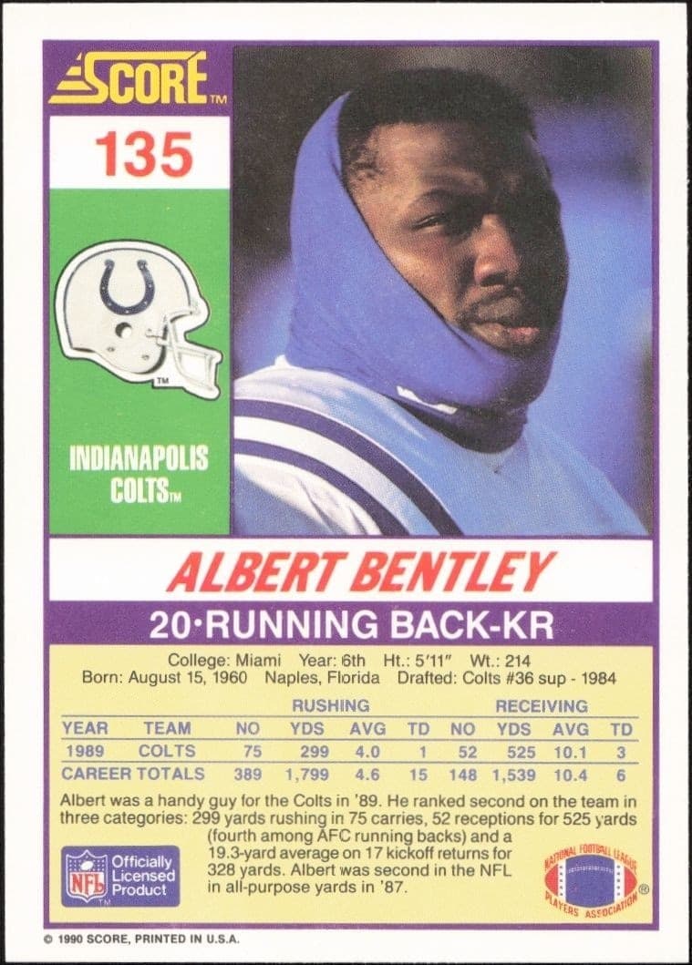 1990 Score Albert Bentley #135 football trading card back