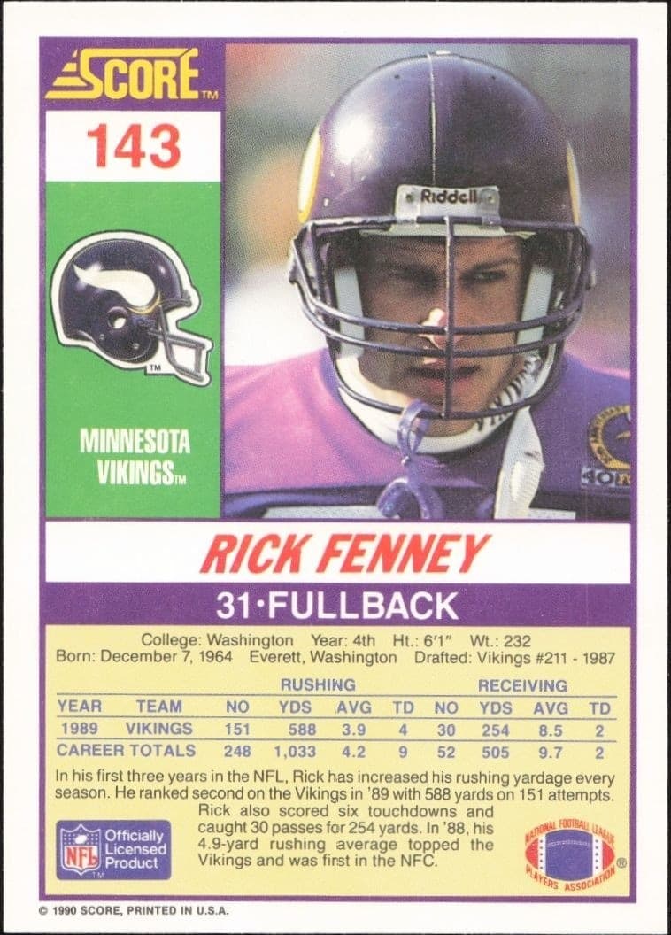 1990 Score Rick Fenney #143 football trading card back