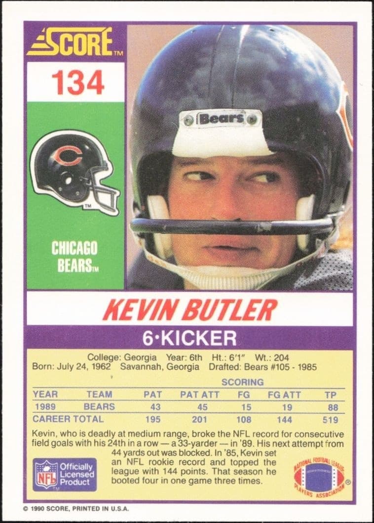 1990 Score Kevin Butler #134 football trading card back