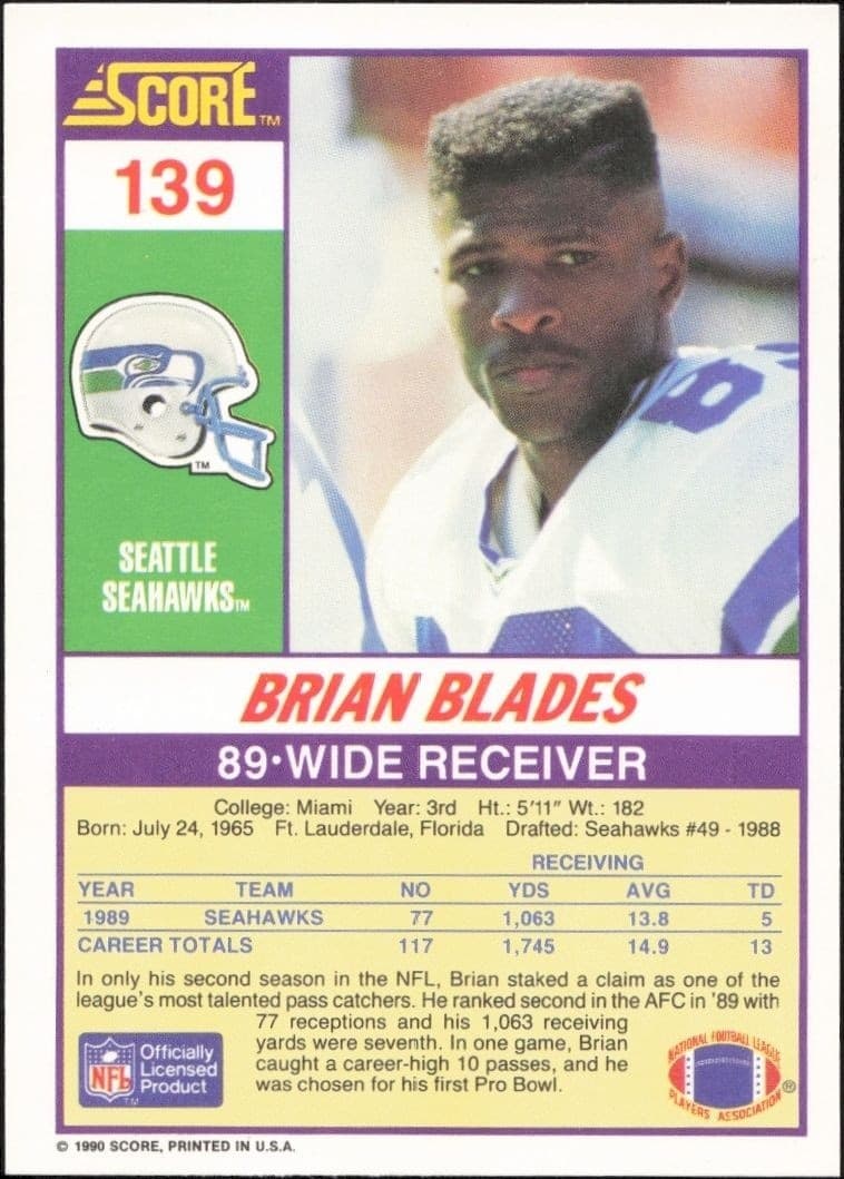 1990 Score Brian Blades #139 football trading card back
