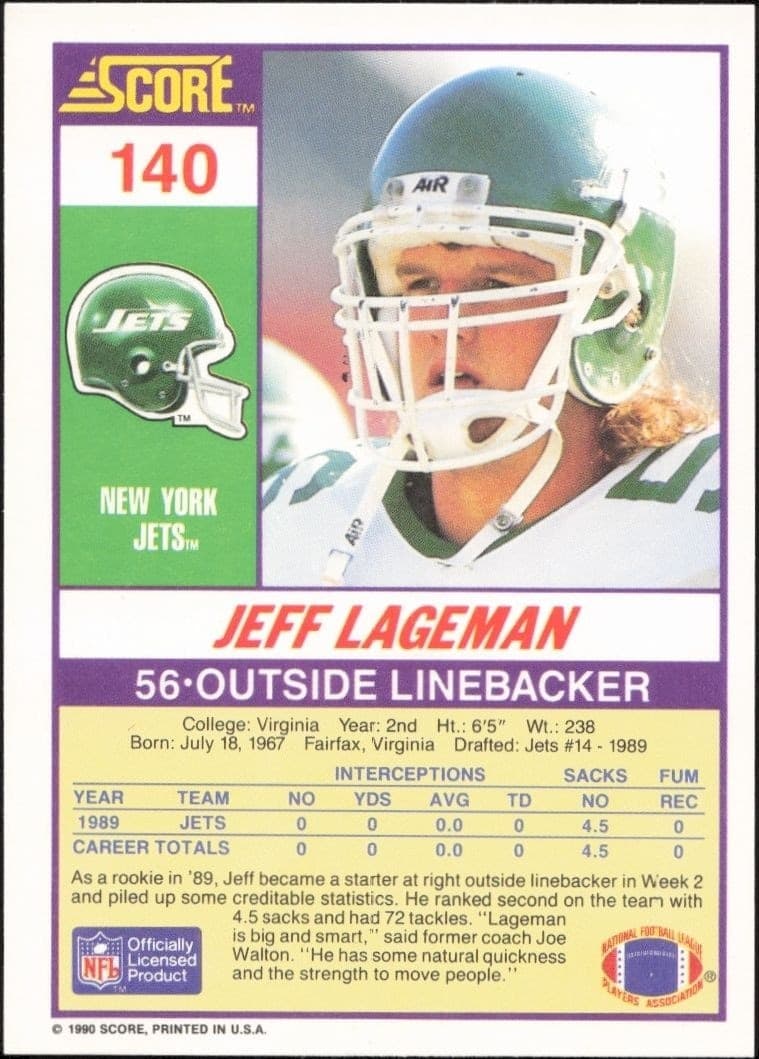 1990 Score Jeff Lageman #140 football trading card back