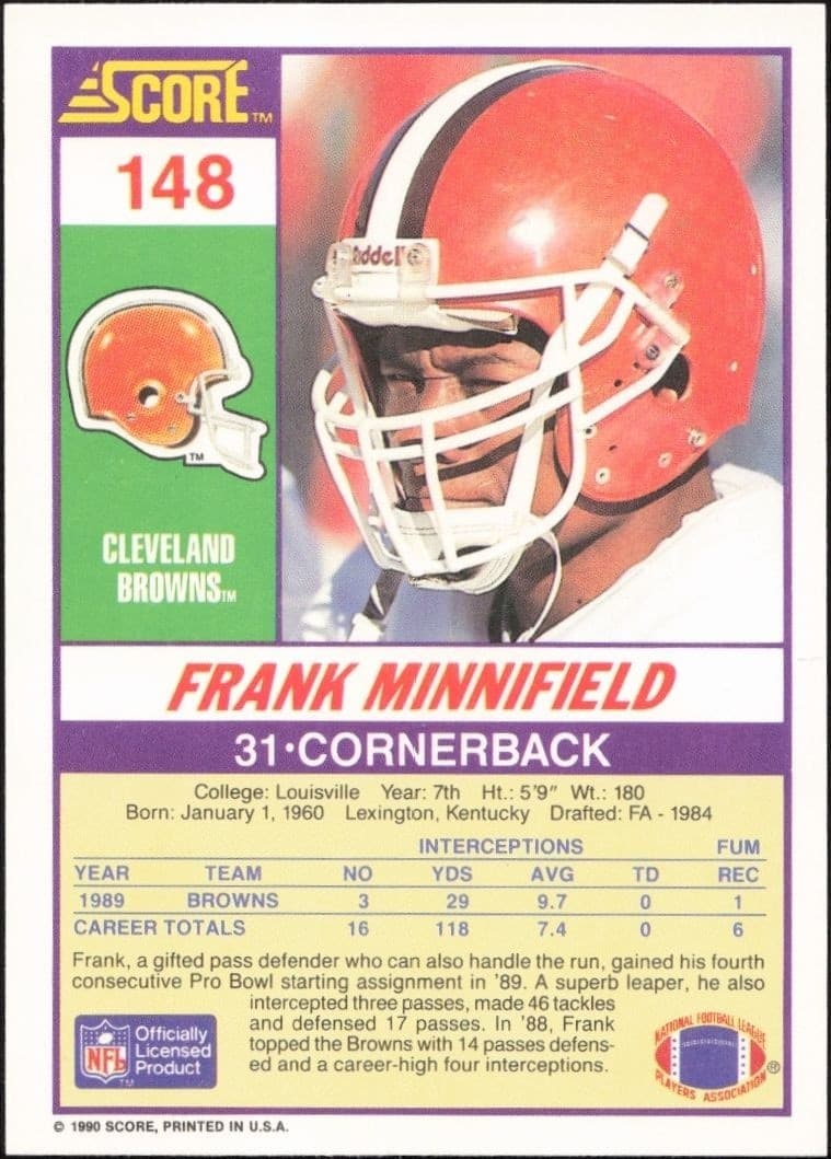 1990 Score Frank Minnifield #148 football trading card back