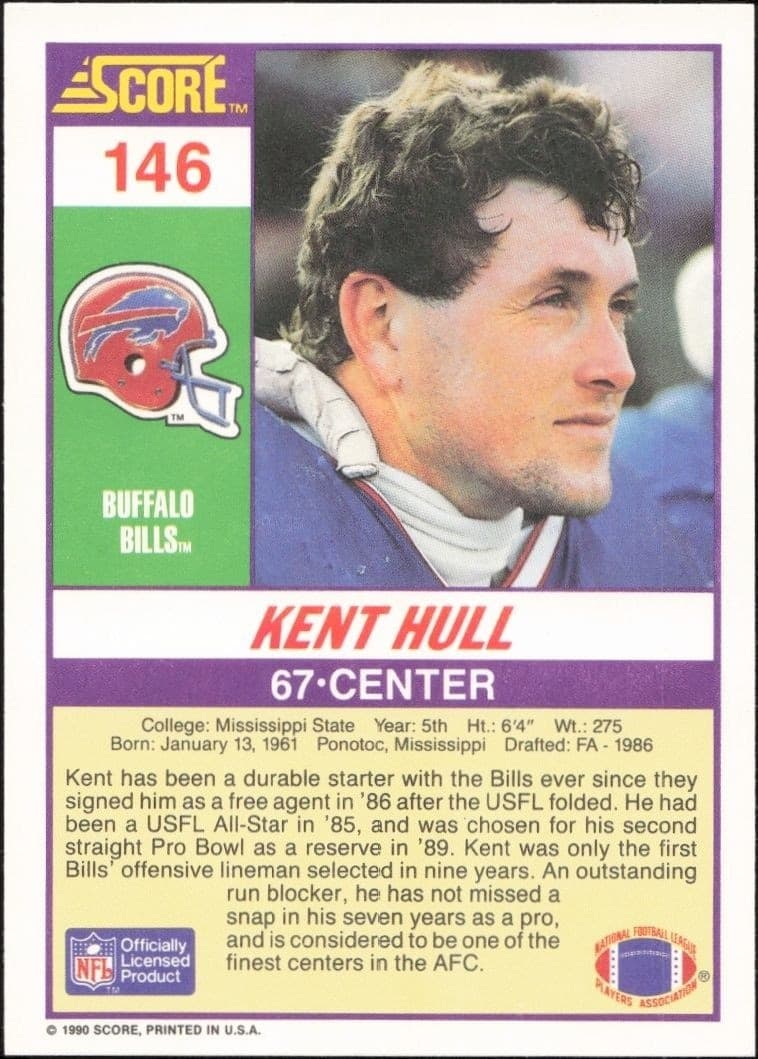 1990 Score Kent Hull #146 football trading card back