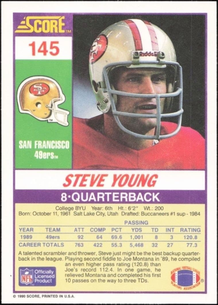 1990 Score Steve Young #145 football trading card back