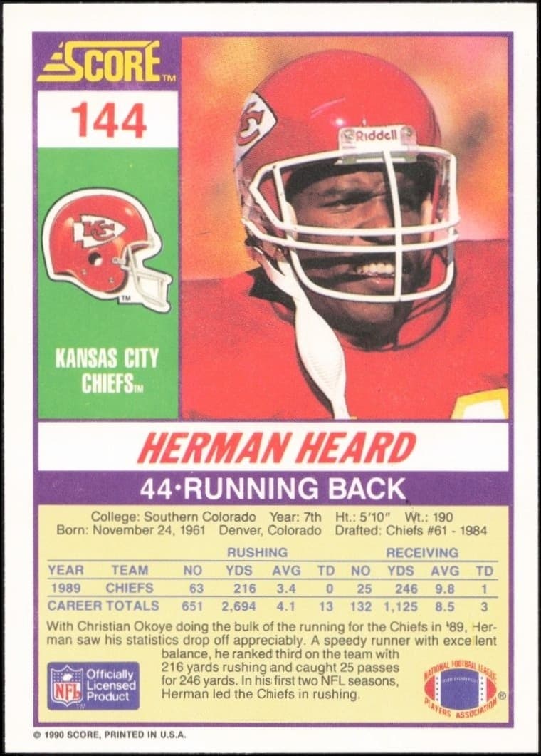 1990 Score Herman Heard #144 football trading card back