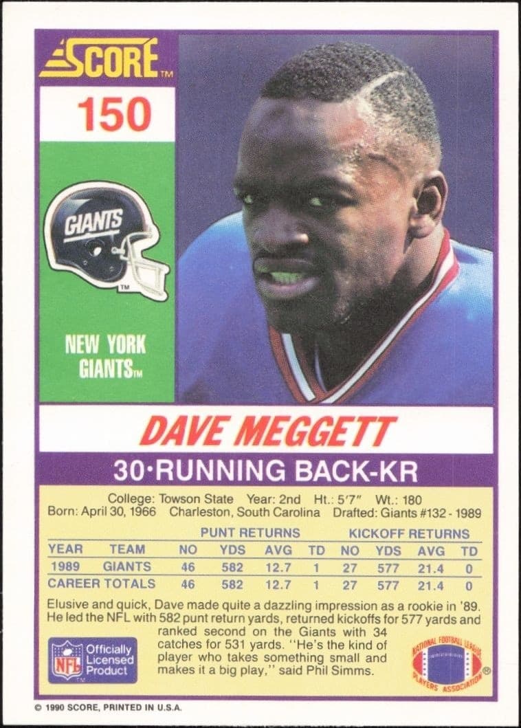 1990 Score Dave Meggett #150 football trading card back
