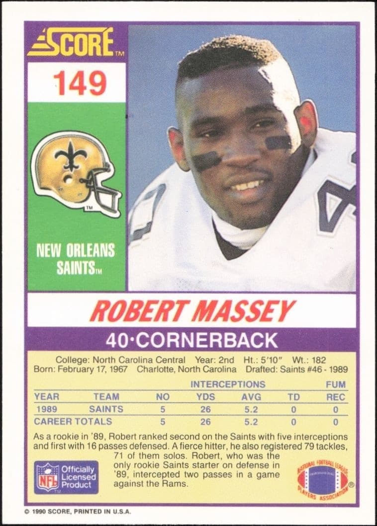 1990 Score Robert Massey #149 football trading card back