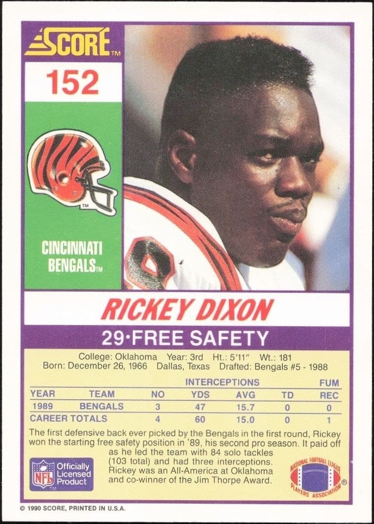 1990 Score Rickey Dixon #152 football trading card back