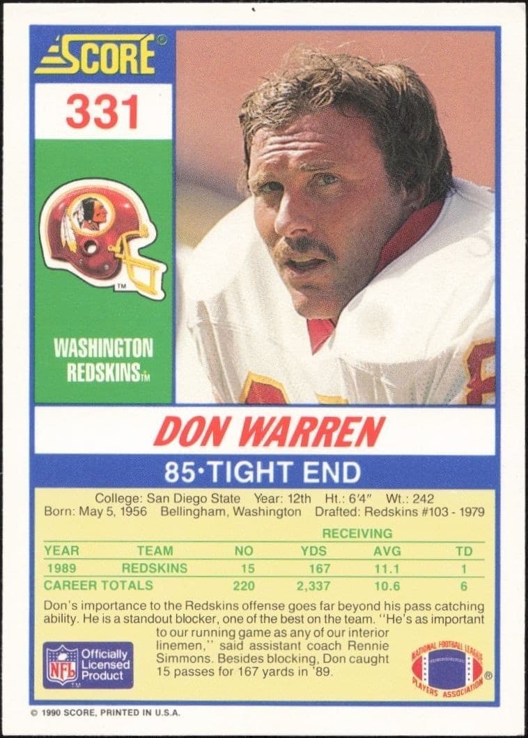 1990 Score Don Warren #331 football trading card back