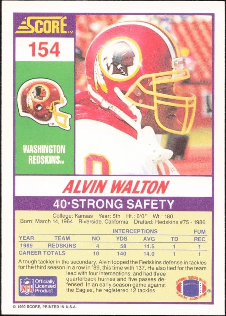 1990 Score Alvin Walton #154 football trading card back