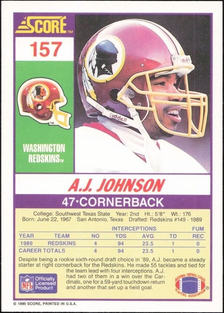 1990 Score A.J. Johnson #157 football trading card back