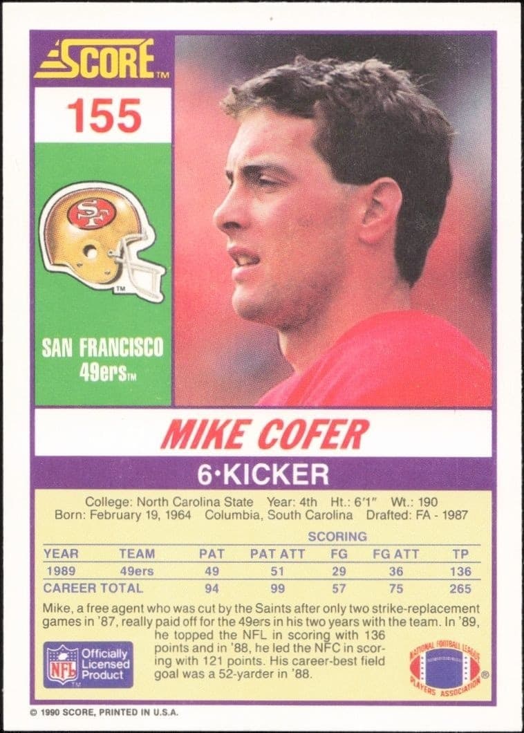1990 Score Mike Cofer #155 football trading card back