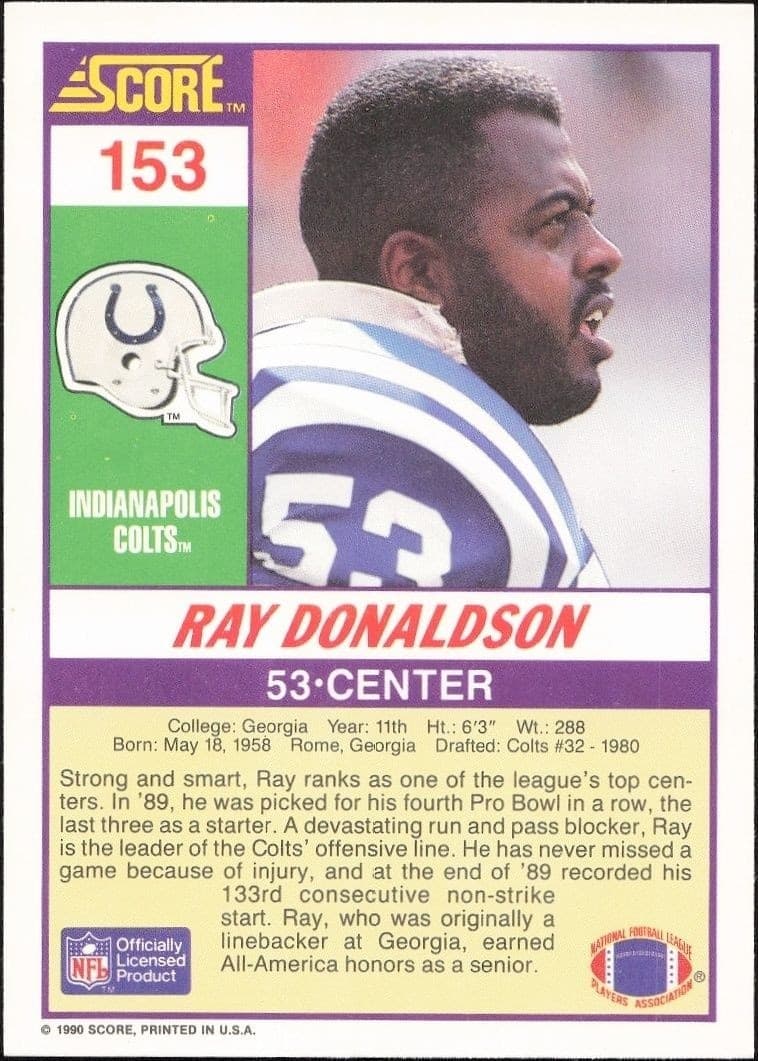 1990 Score Ray Donaldson #153 football trading card back