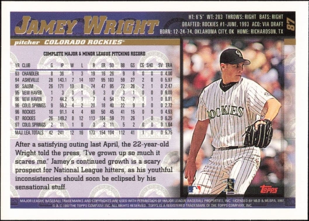 1998 Topps Jamey Wright #87 baseball trading card back