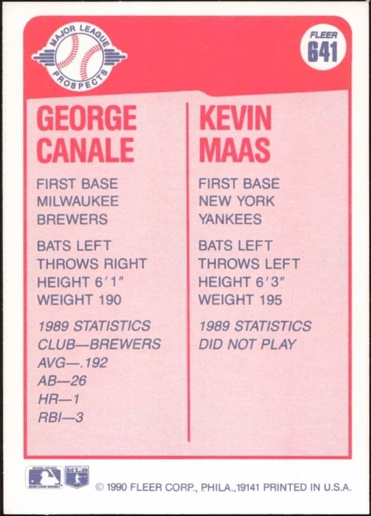 1990 Fleer George Canale #641 baseball trading card back