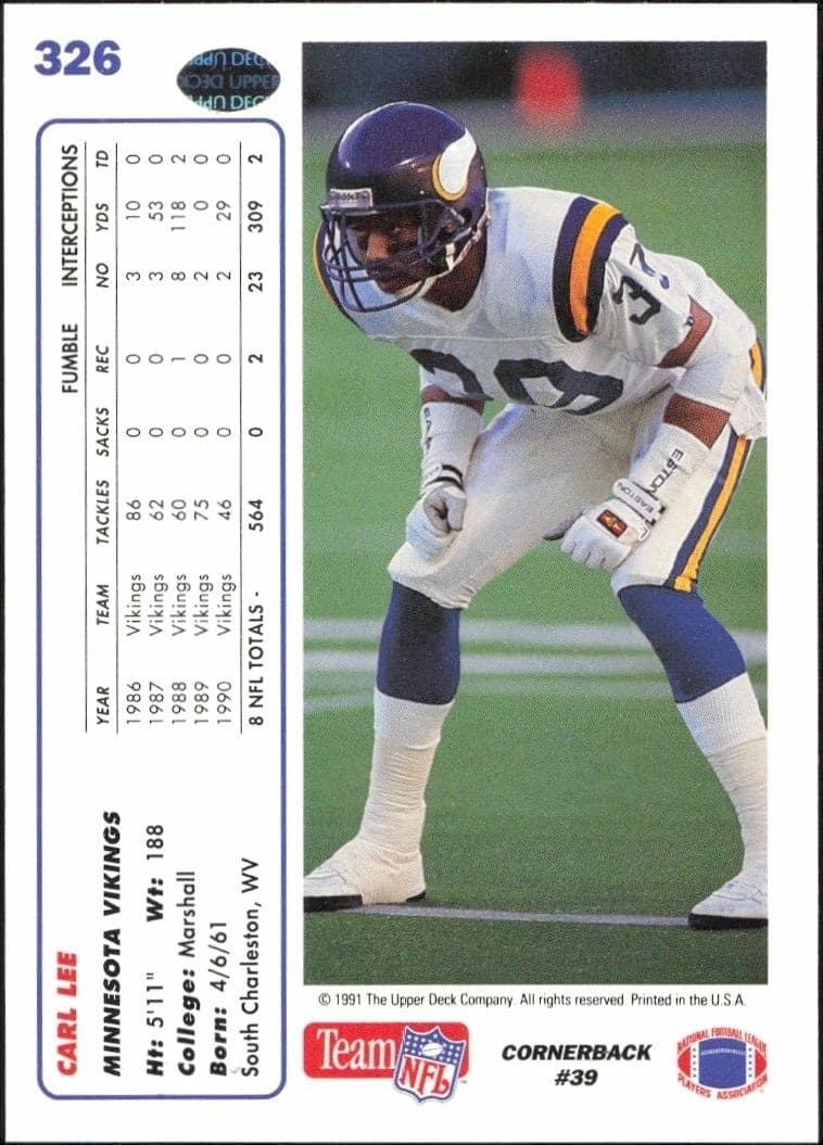 1991 Upper Deck Carl Lee #326 football trading card back