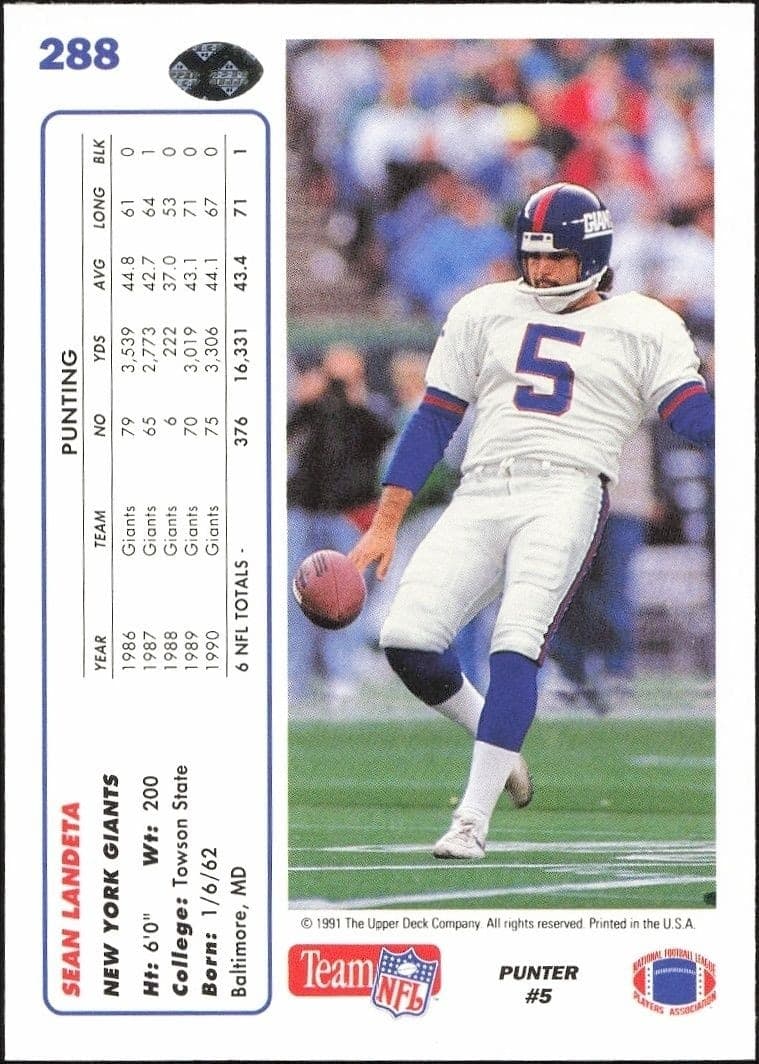 1991 Upper Deck Sean Landeta #288 football trading card back