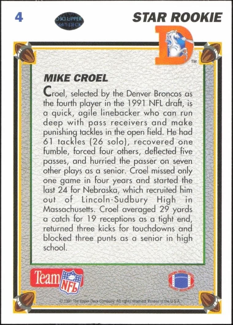 1991 Upper Deck Mike Croel #4 football trading card back