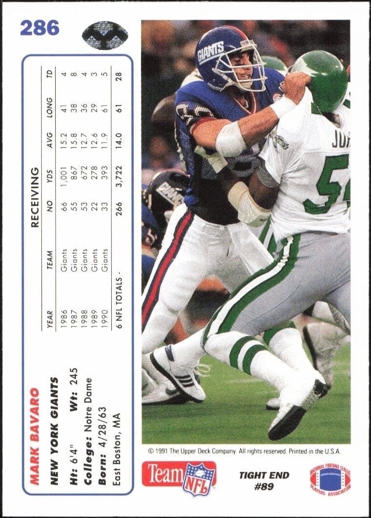 1991 Upper Deck Mark Bavaro #286 football trading card back