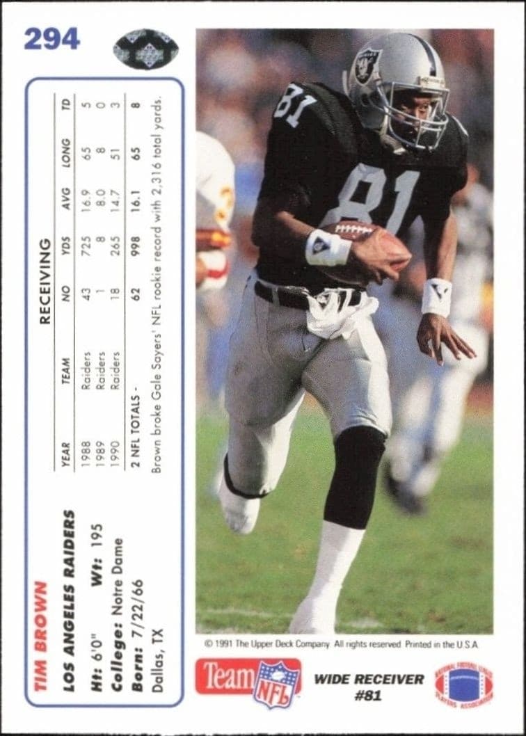1991 Upper Deck Tim Brown #294 football trading card back