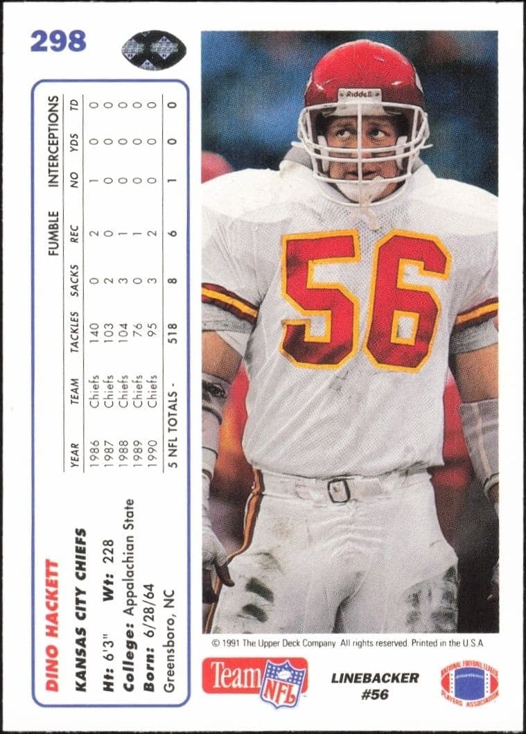 1991 Upper Deck Dino Hackett #298 football trading card back