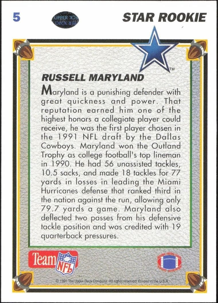 1991 Upper Deck Russell Maryland #5 football trading card back