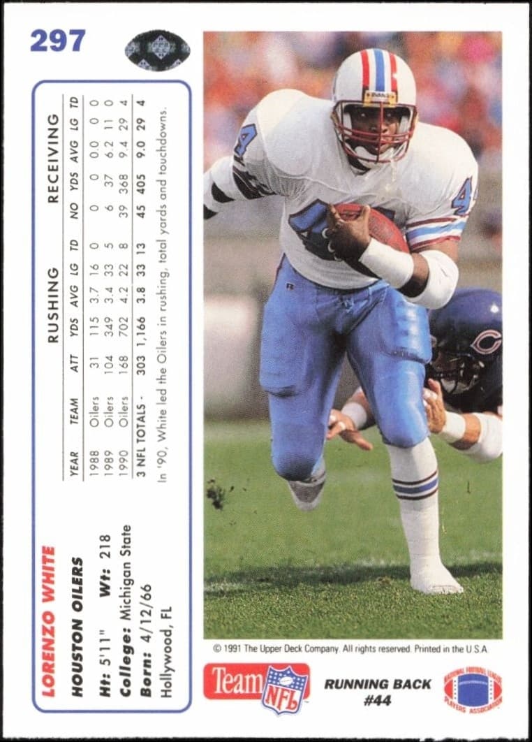 1991 Upper Deck Lorenzo White #297 football trading card back