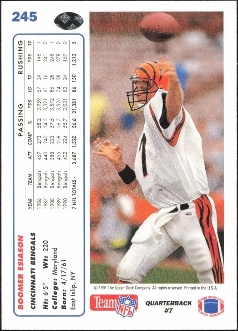 1991 Upper Deck Boomer Esiason #245 football trading card back