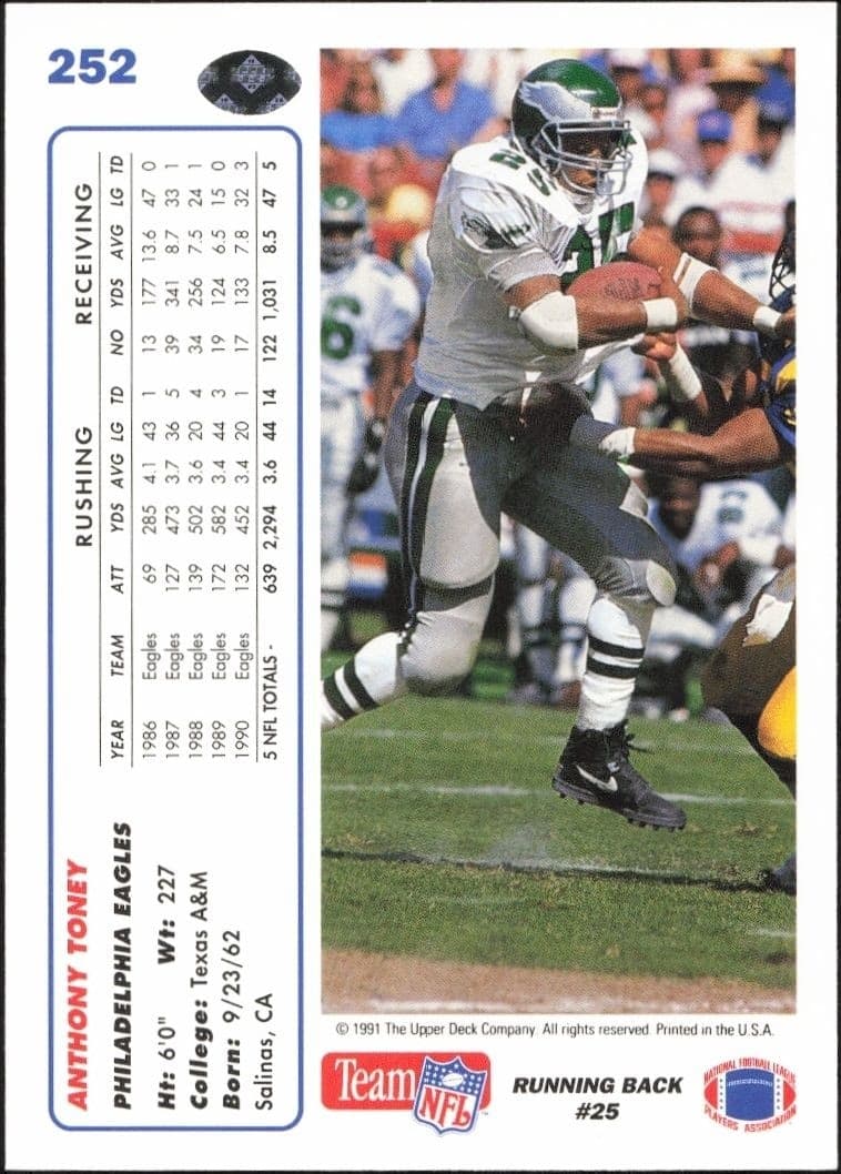 1991 Upper Deck Anthony Toney #252 football trading card back