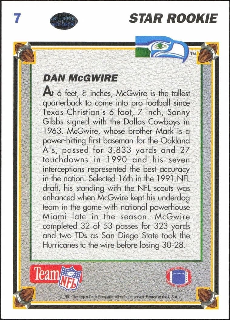 1991 Upper Deck Dan McGwire #7 football trading card back