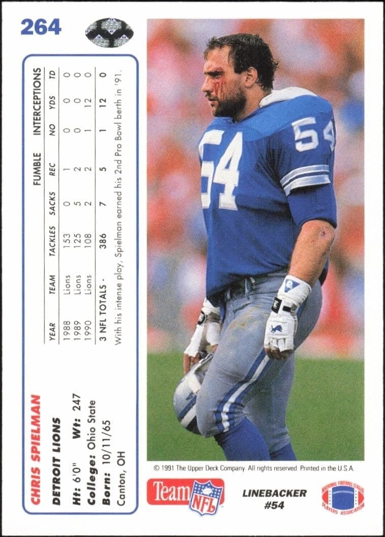 1991 Upper Deck Chris Spielman #264 football trading card back