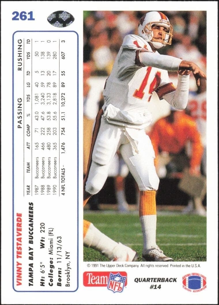 1991 Upper Deck Vinny Testaverde #261 football trading card back