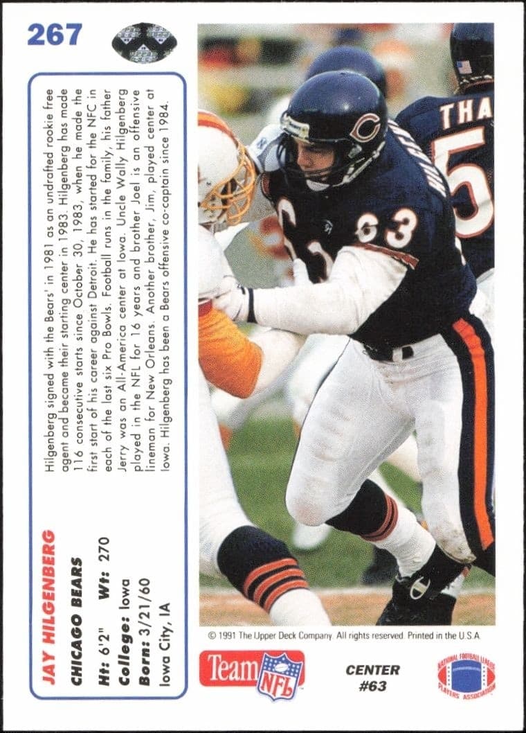 1991 Upper Deck Jay Hilgenberg #267 football trading card back