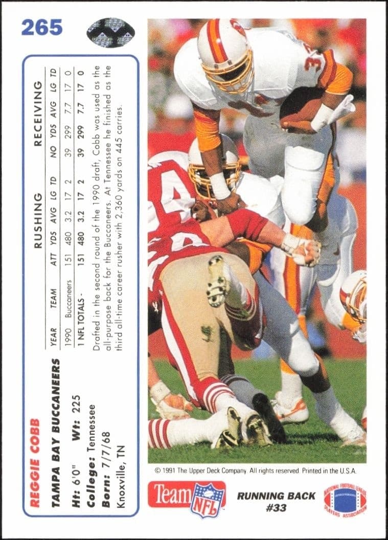 1991 Upper Deck Reggie Cobb #265 football trading card back