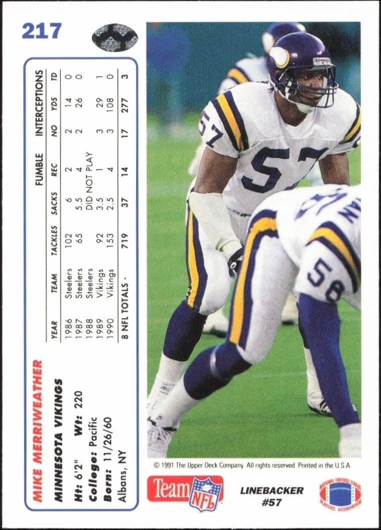 1991 Upper Deck Mike Merriweather #217 football trading card back