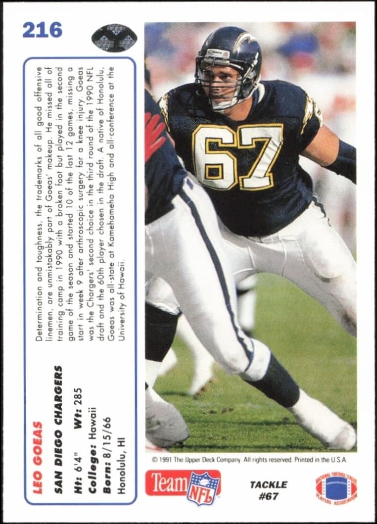 1991 Upper Deck Leo Goeas #216 football trading card back