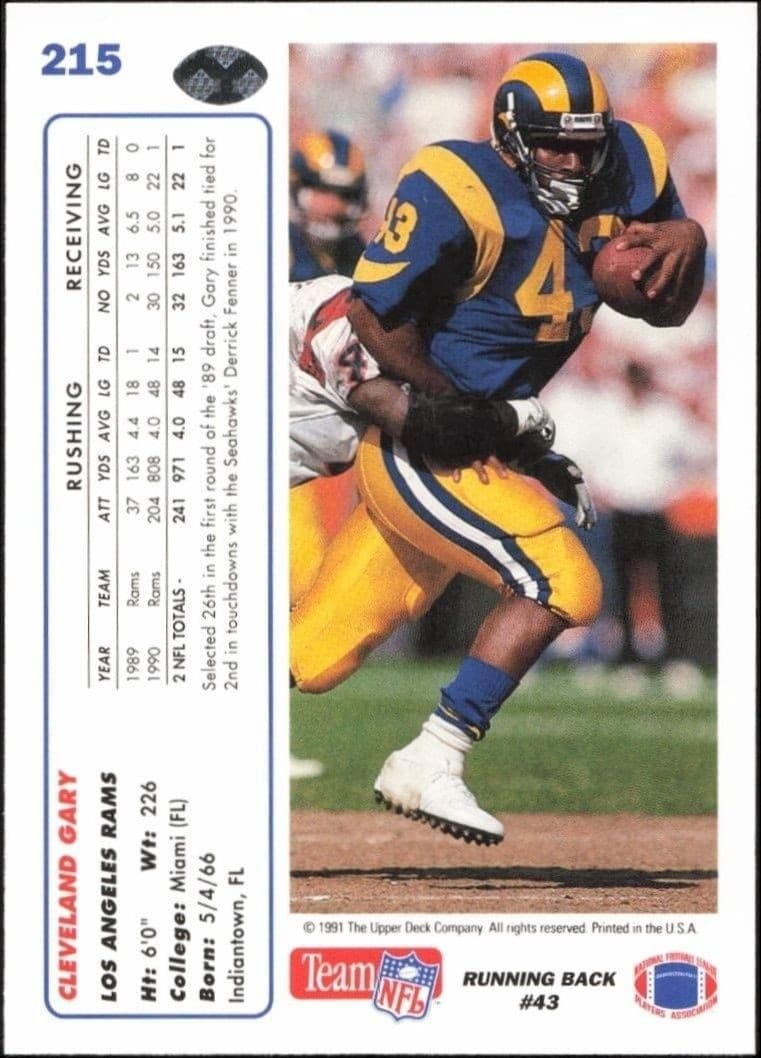 1991 Upper Deck Cleveland Gary #215 football trading card back