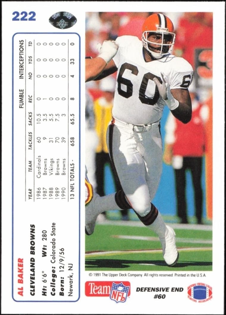 1991 Upper Deck Al Baker #222 football trading card back