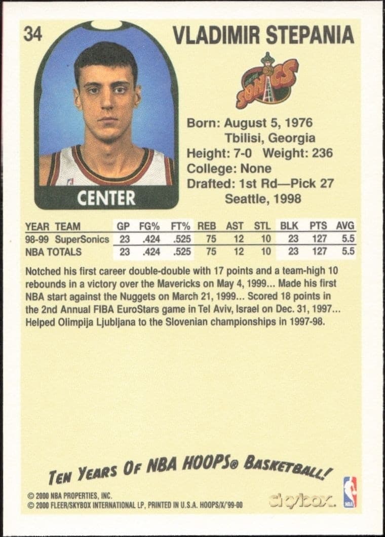 1999-00 Skybox NBA Hoops Decade Vladimir Stepania #34 basketball trading card back