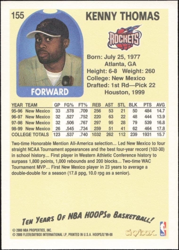 1999-00 Skybox NBA Hoops Decade Kenny Thomas #155 basketball trading card back