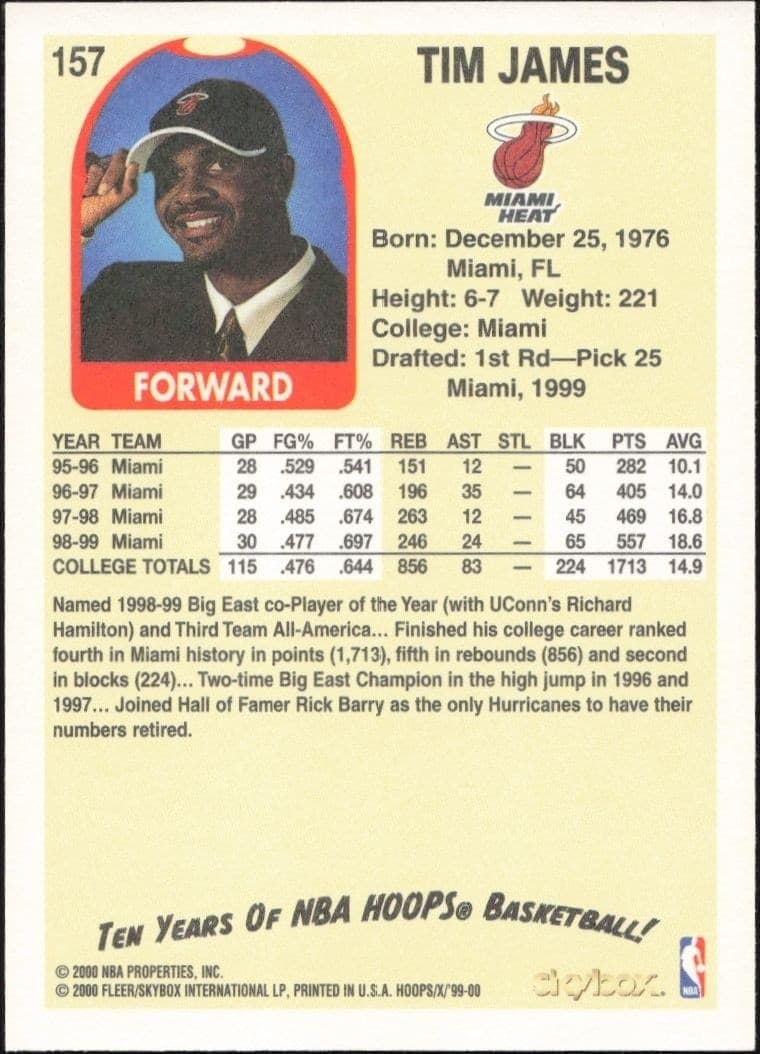 1999-00 Skybox NBA Hoops Decade Tim James #157 basketball trading card back