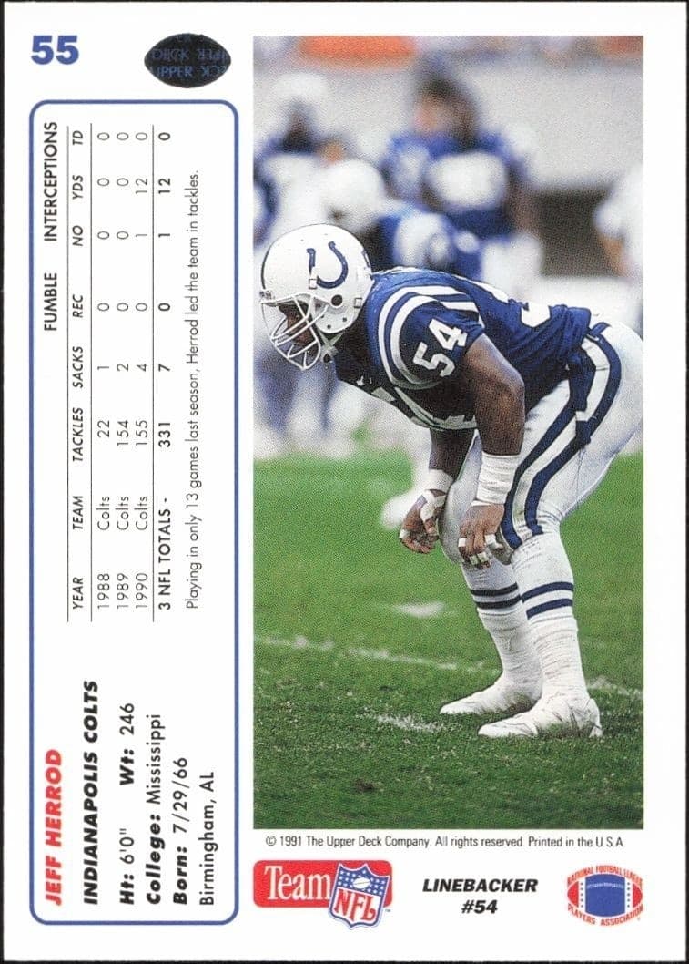 1991 Upper Deck Jeff Herrod #55 football trading card back