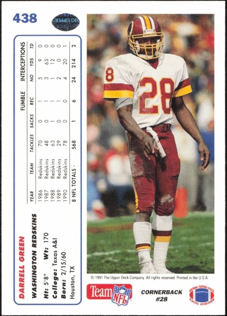 1991 Upper Deck Darrell Green #438 football trading card back