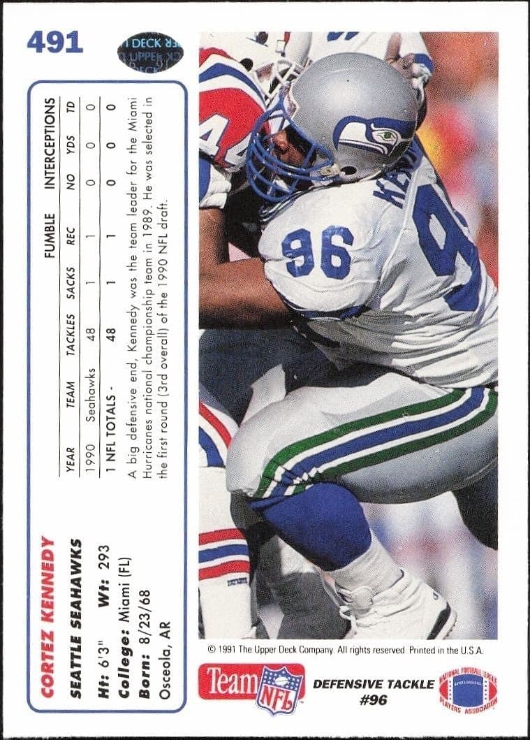 1991 Upper Deck Cortez Kennedy #491 football trading card back