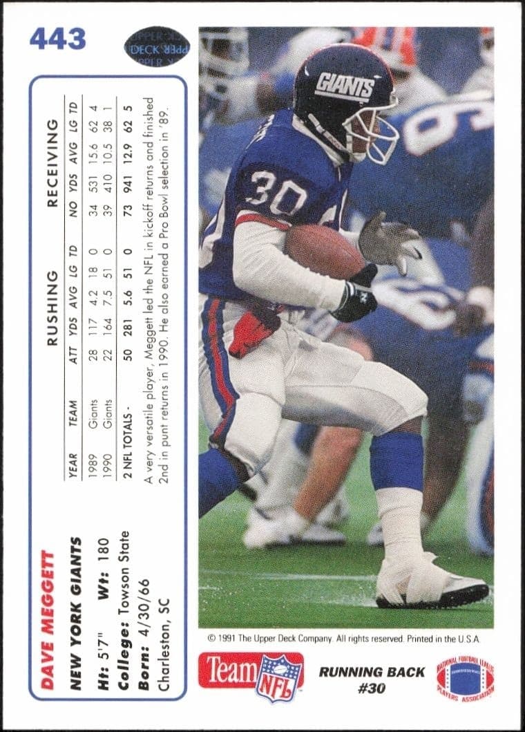 1991 Upper Deck Dave Meggett #443 football trading card back