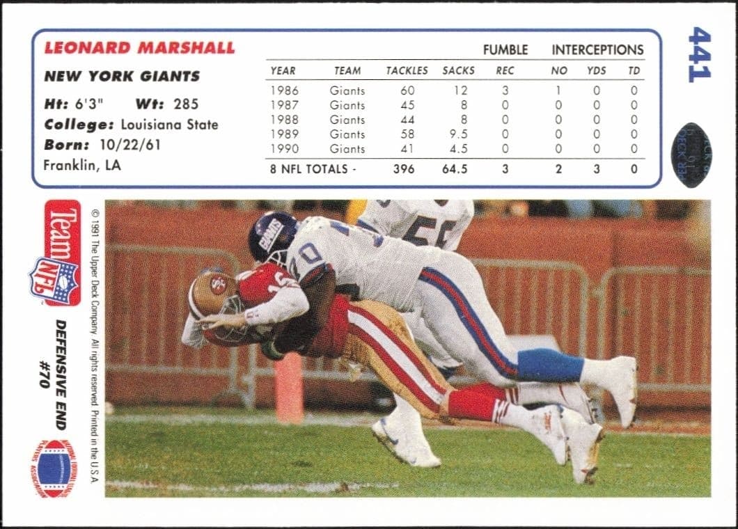 1991 Upper Deck Leonard Marshall #441 football trading card back