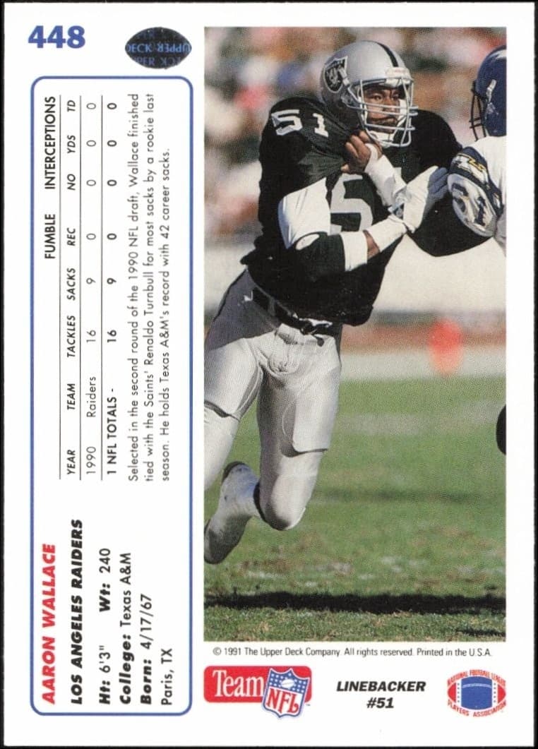 1991 Upper Deck Aaron Wallace #448 football trading card back