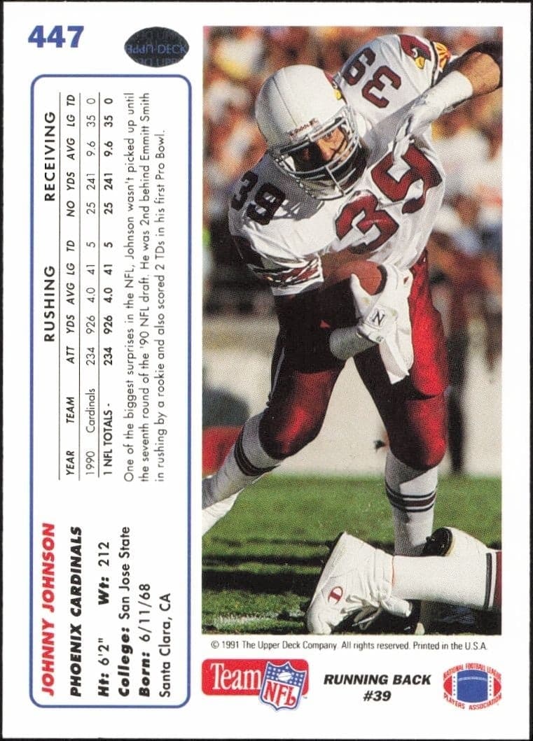 1991 Upper Deck Johnny Johnson #447 football trading card back